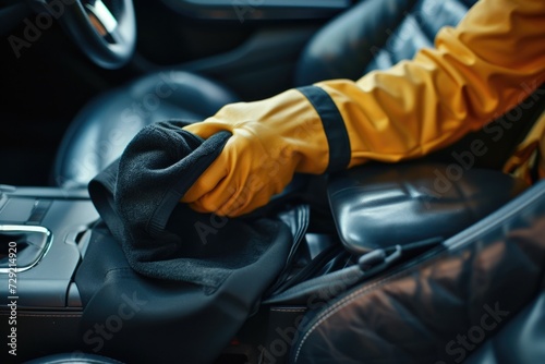 A person in a yellow jacket cleaning a car. Perfect for automotive and cleaning-related projects