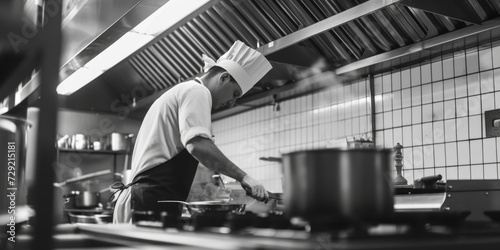 A man wearing a chef s hat is seen preparing food in a kitchen. This image can be used to depict cooking  culinary skills  or professional chefs in action