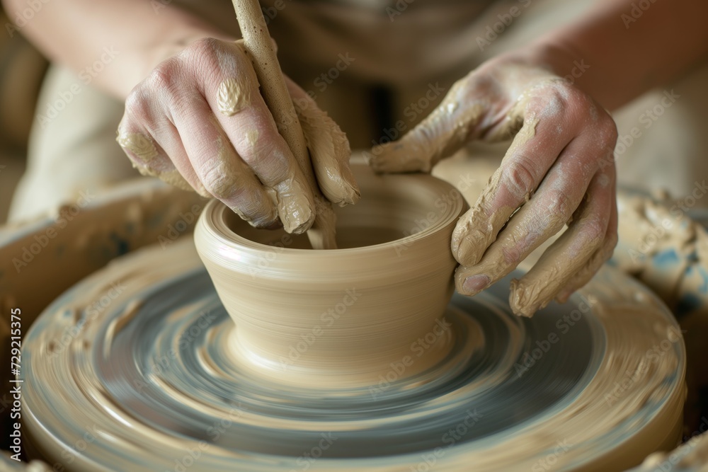 hands crafting a ceramic pot on a pottery wheel