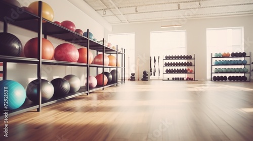 A picture of a gym room with a variety of exercise balls. This versatile image can be used to depict fitness, health, exercise, workouts, and gym environments