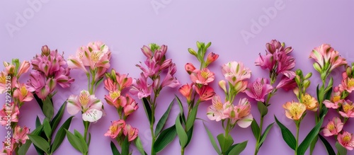 Alstroemerias arranged on violet background  flat lay  top view  ample space