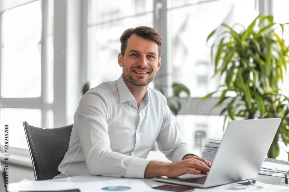A smiling, contented black businessman in a shirt is working at an office desk with a laptop A smiling, contented black businessman in a shirt is working at an office desk with a laptop
