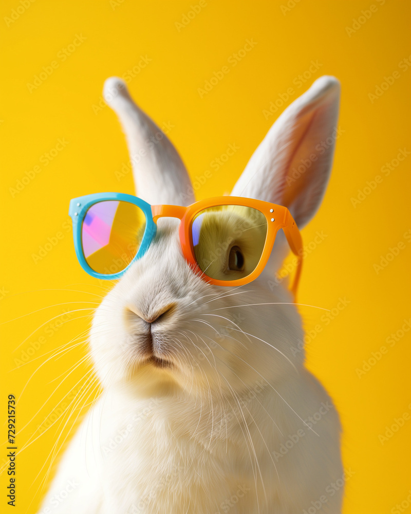 White bunny with colorful sun glasses on a yellow bright background. Minimal Easter concept White bunny with colorful sun glasses on a yellow bright background. Minimal Easter concept