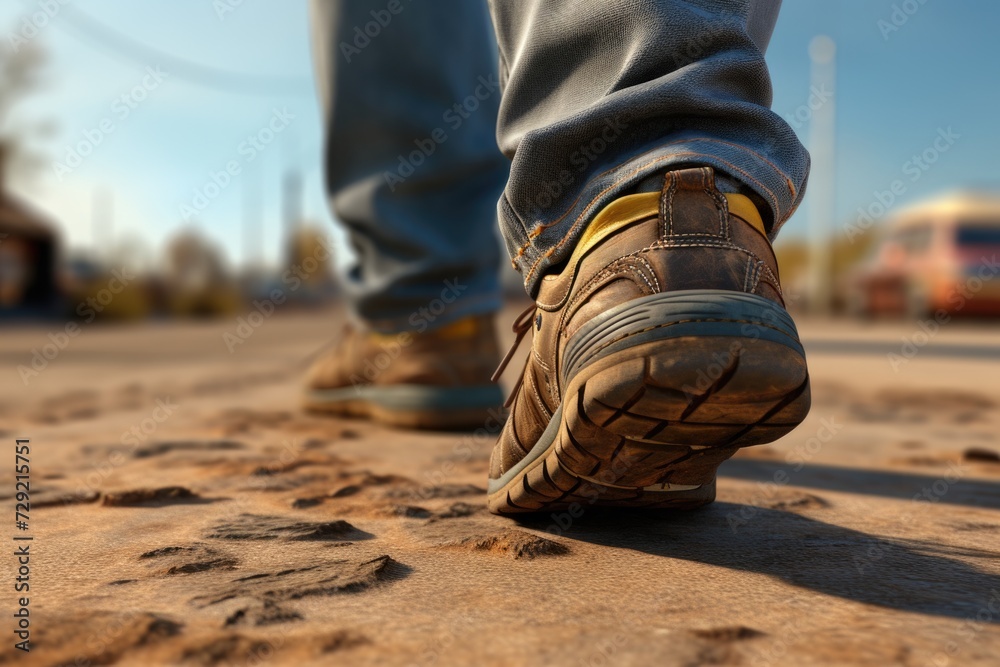 A close-up view of a person's shoes resting on the ground. Perfect for showcasing footwear fashion or representing a moment of relaxation.