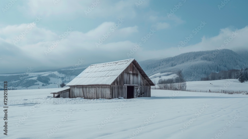 A picturesque snow-covered field with a charming barn. Perfect for winter-themed projects or rustic countryside designs