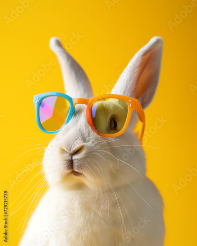 White bunny with colorful sun glasses on a yellow bright background. Minimal Easter concept