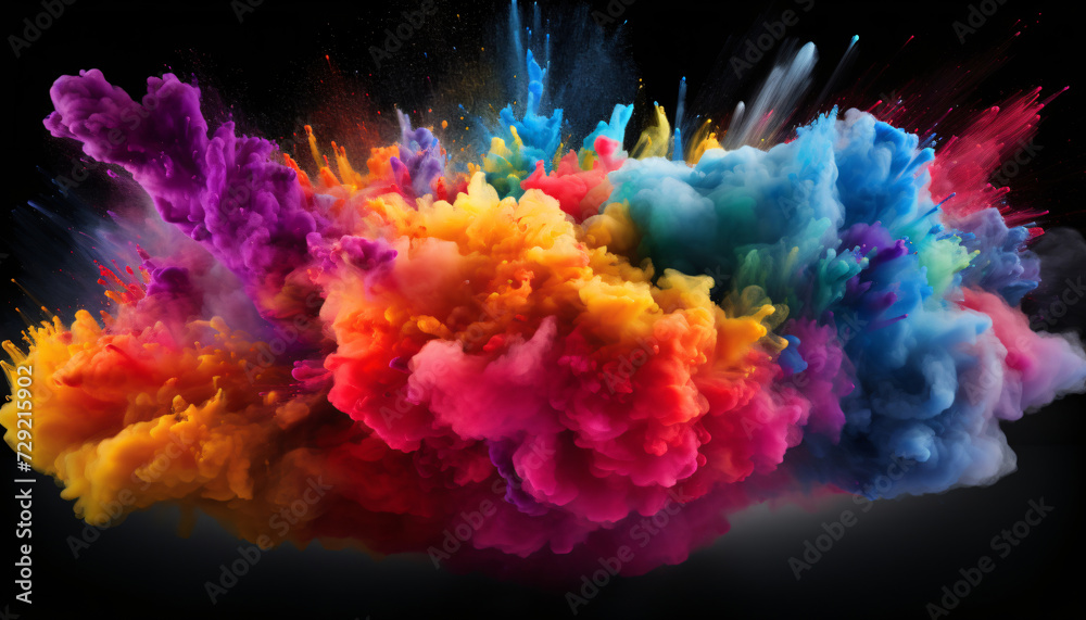 Color explosion. Colorful particles explosion. Rainbow-colored powder explosion. Bright colors, isolated object. Black background. Creative idea, Brainstorming session, Creativity