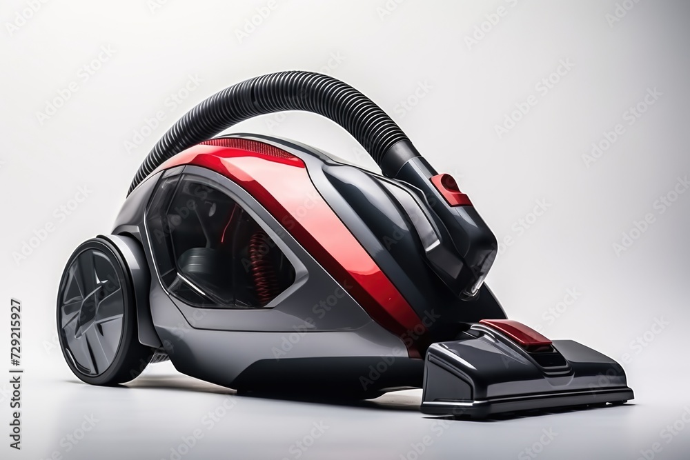 A red and black vacuum cleaner sitting on top of a clean white floor. Perfect for cleaning and maintaining a spotless home or office