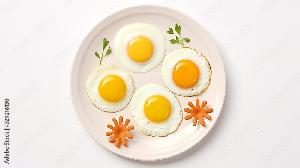 Fried eggs for breakfast on a plate on a white background, protein food for a healthy diet Fried eggs for breakfast on a plate on a white background, protein food for a healthy diet