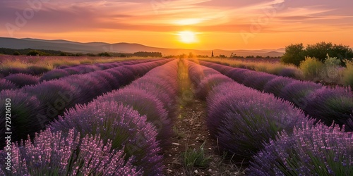 Tranquil lavender fields at sunset, beautiful purple hues under a dramatic sky. nature's serenity captured in a landscape photo. AI