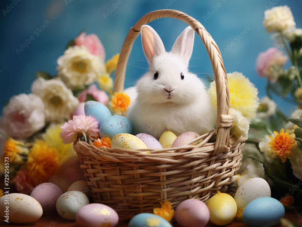 Easter bunny in a basket with colored eggs on a background of spring flowers. Photorealistic, background with bokeh effect. 