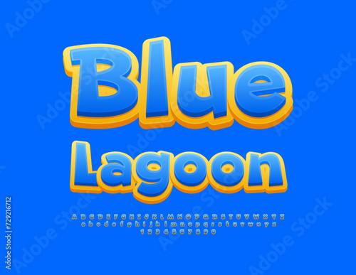 Vector touristic banner Blue Lagoon. Blue and Yellow playful Font. Funny style Alphabet Letters and Numbers