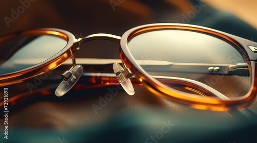A pair of glasses sitting on top of a table. Can be used to depict a work desk or reading area