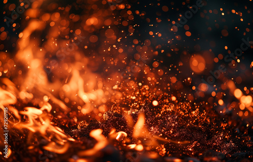 Particles of smoldering coals on a black background, fire, sparks, flame. Sparks on Dark Background. Photorealistic, background with bokeh effect. 