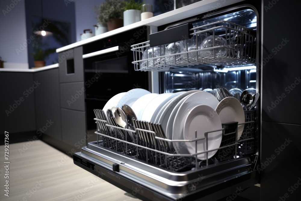 A dishwasher filled with dishes ready to be washed. Can be used to showcase a clean and organized kitchen A dishwasher filled with dishes ready to be washed. Can be used to showcase a clean and organized kitchen