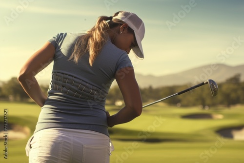 A woman playing golf on a sunny day. Ideal for sports and outdoor activities.