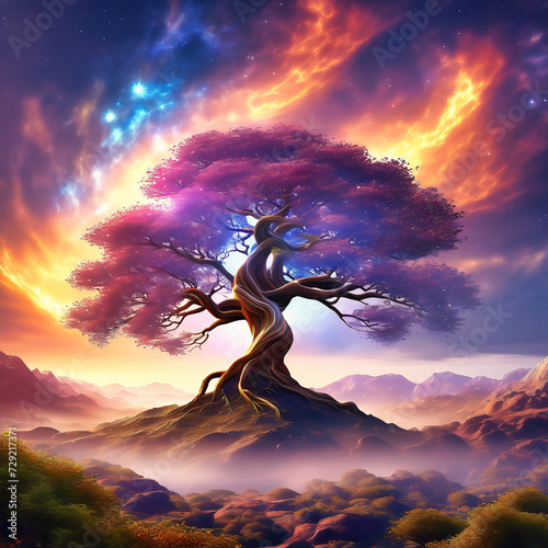 Fantasy tree in front of a starry sky with colorful clouds in the universe. AI