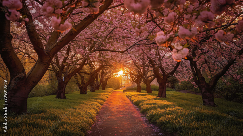 cinematic beauty of a Cherry Blossom-lined path during sunset cinematic beauty of a Cherry Blossom-lined path during sunset