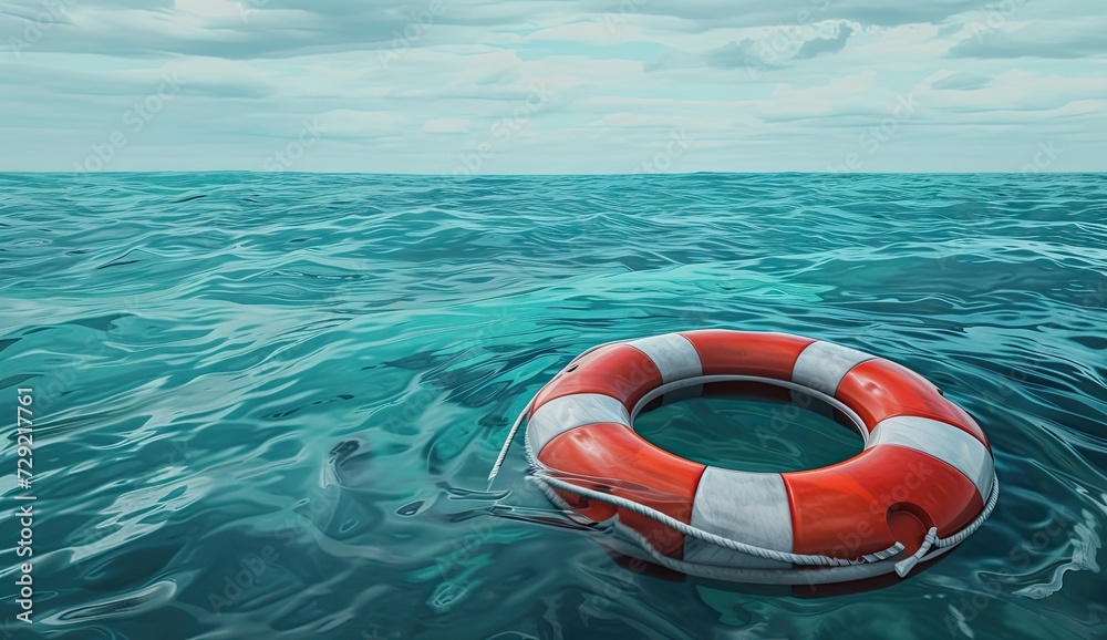 Naklejka premium Vivid orange lifebuoy floating in blue sea symbolizing safety and rescue in times of danger essence of emergency preparedness and importance of life saving equipment in vast ocean