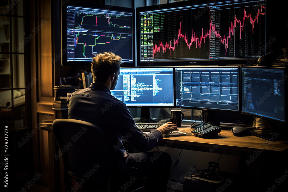 Financial analyst man examining charts over multiple monitors in office.