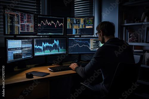 Financial analyst man examining charts over multiple monitors in office.