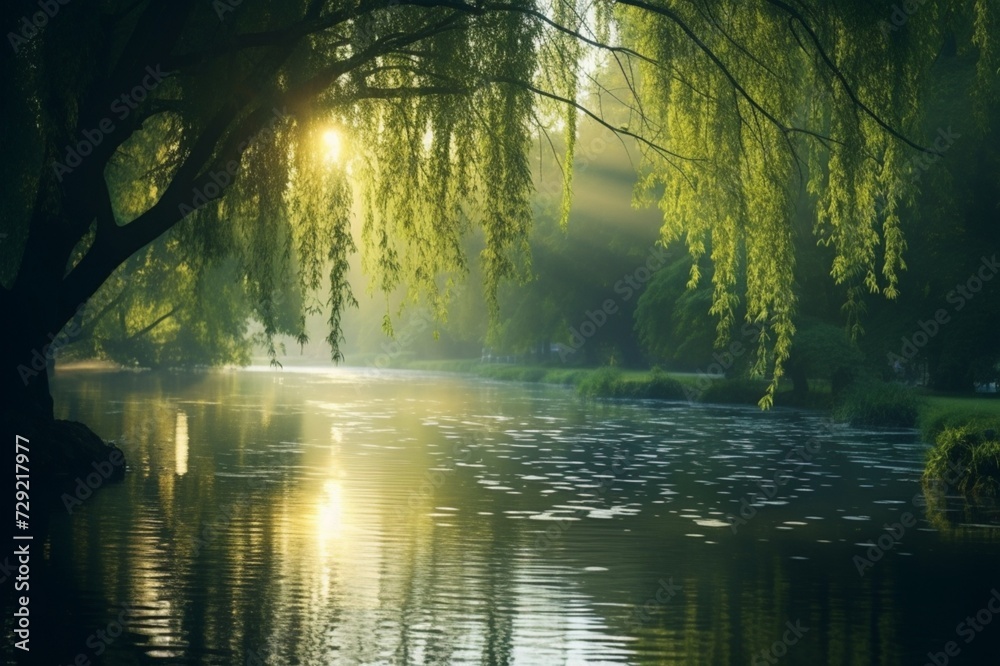 Fototapeta premium : A tranquil pond surrounded by weeping willow trees, with their delicate branches gently touching the water's surface under the soft light of the morning sun.