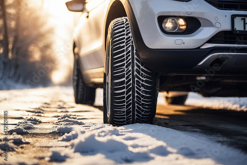 Winter tire with detail of car tires in winter snowy season on the road covered with snow © RevolutionCraft