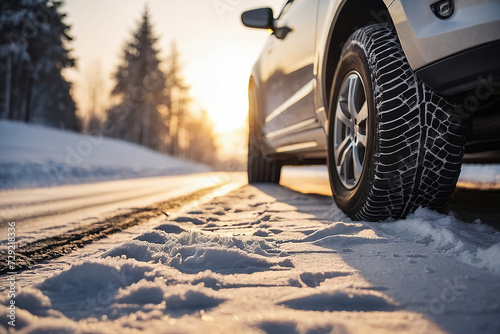 Winter tire with detail of car tires in winter snowy season on the road covered with snow © RevolutionCraft