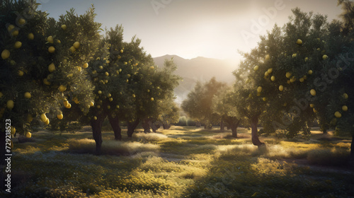 cinematic beauty of a lemon tree grove during sunset