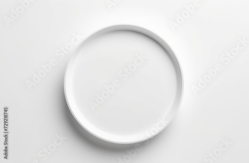 Ceramic white blank plate on white background. Soft shadow. Creative minimalist style. Card mockup. Elegant wedding layout. Minimal eco template. Aesthetic interior. Round circle empty tray. Mock up
