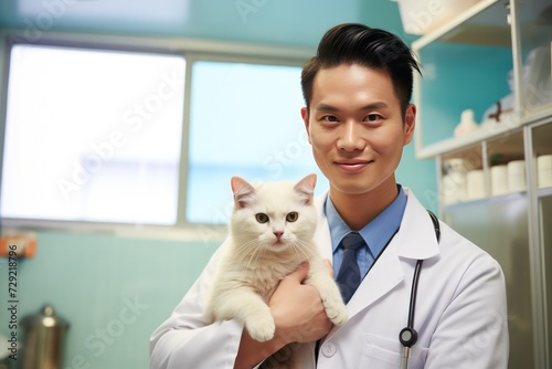 young male asian veterinarian doctor holding white cat at work in clinic. 