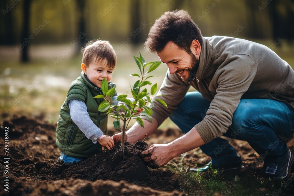 father and son planting a tree together. Family quality time together. Fathers day. Dad and his boy doing good deeds. Future and eco concept. - obrazy, fototapety, plakaty 
