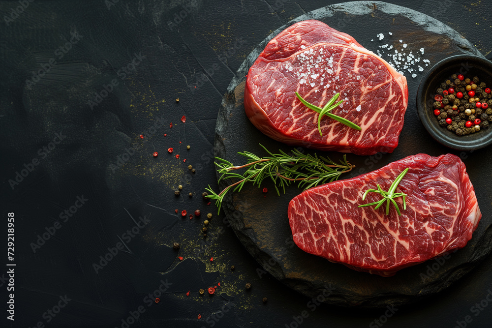 Raw beef steaks presented on a dark shale background, adorned with a sprinkle of salt, pepper, and herbs