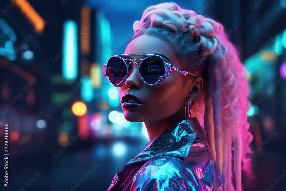 diverse beautiful woman in sunglasses at night club with blue pink neon