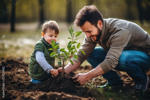 father and son planting a tree together. Family quality time together. Fathers day. Dad and his boy doing good deeds. Future and eco concept.