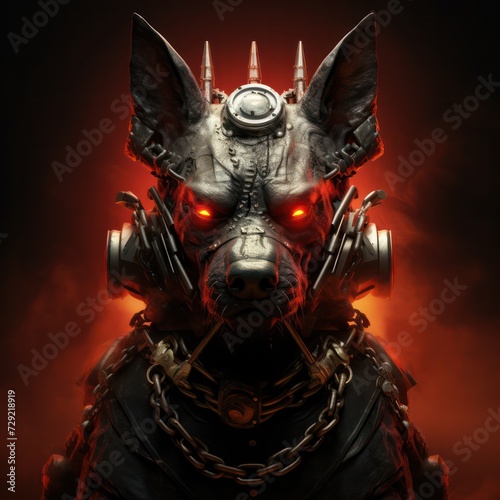 demon cyborg dog in metallic costume cyberpunk style on red background with fire