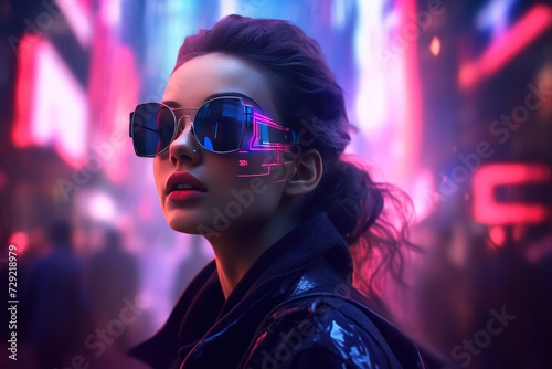 beautiful woman in sunglasses at night club with pink neon light on a party. Nightlife and clubbing. Cyberpunk underground culture.