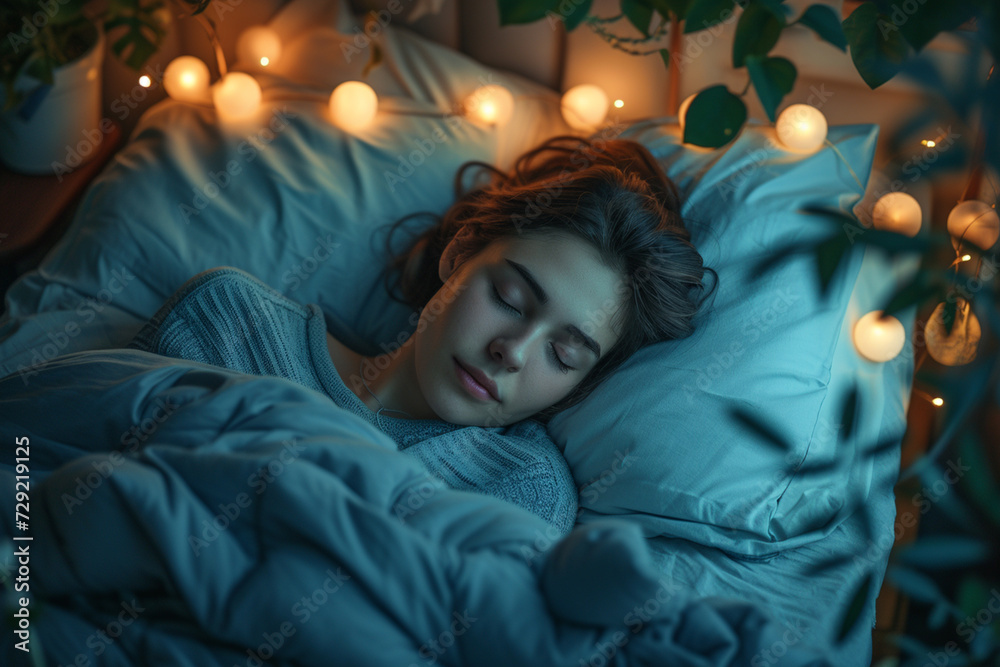 Woman laying in bed in winter under warm cosy blankets Woman laying in bed in winter under warm cosy blankets