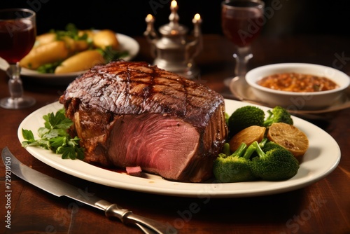 Prime rib meat dish at dinner table. Christmas festive feast with candlelight, thanksgiving food, american classic. photo