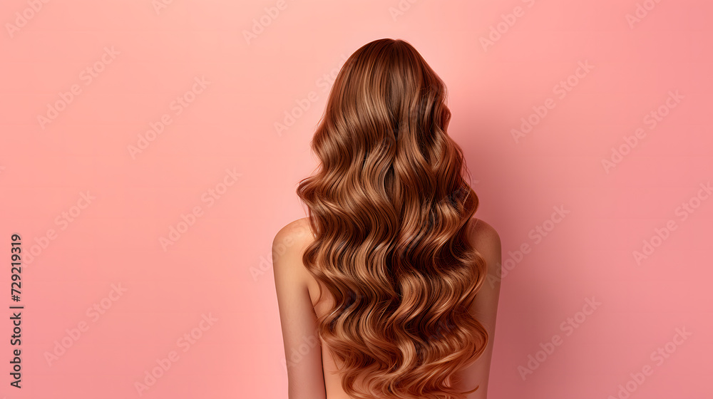 Fototapeta premium Beautiful woman with long wavy hair on a pink background. Ad for shampoo conditioner hair products.