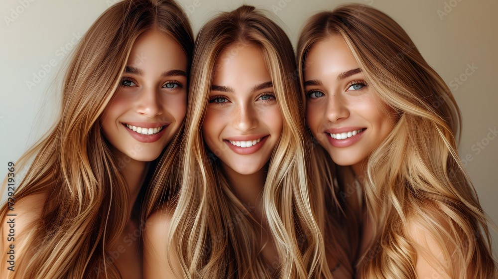 Close up portrait of three beautiful women with long blond hair looking at camera and smiling Close up portrait of three beautiful women with long blond hair looking at camera and smiling