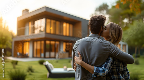 Back view of young couple hugging in front of their new modern house. Young couple in front of their new home. Life style real estate concept.	