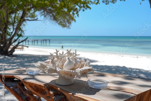 beachside table with seashell centerpiece  clear sky