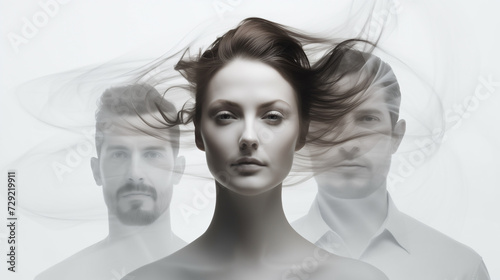 Conceptual Portrait of a Woman With Multiple Ghostly Male Faces Surrounding Her. The concept of ex-husbands or boyfriends, experienced abuse. photo