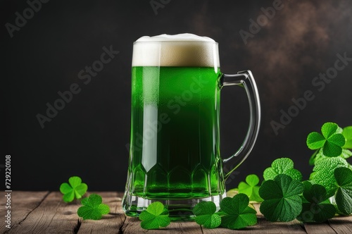 Green Beer in Glass Mug with Clovers