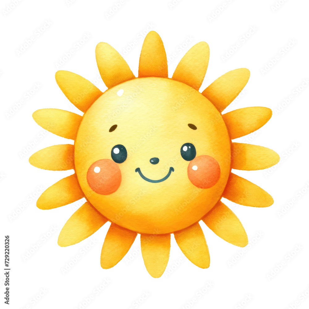 Watercolor cute sun. A sun with a face. World nature conservation. Earth day concept.