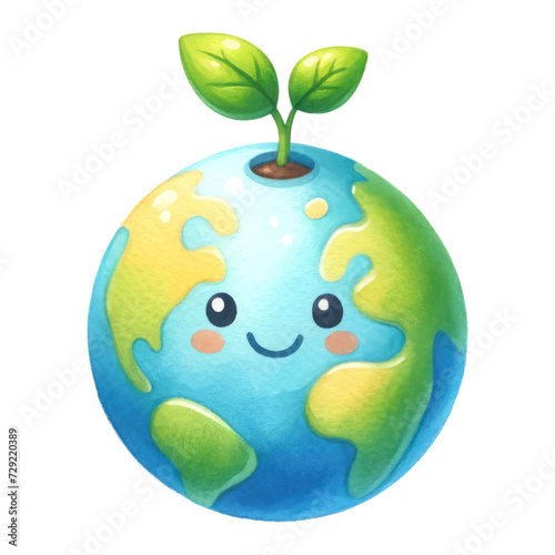 Watercolor earth with a seedling growing on top. World nature conservation. Earth day concept.