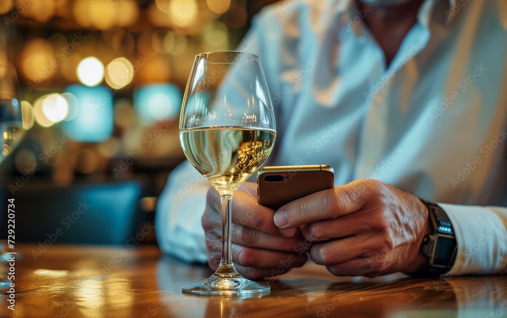 A close-up image of male hands holding a smartphone in front a glass of wine on a dining table inside a bar or restaurant