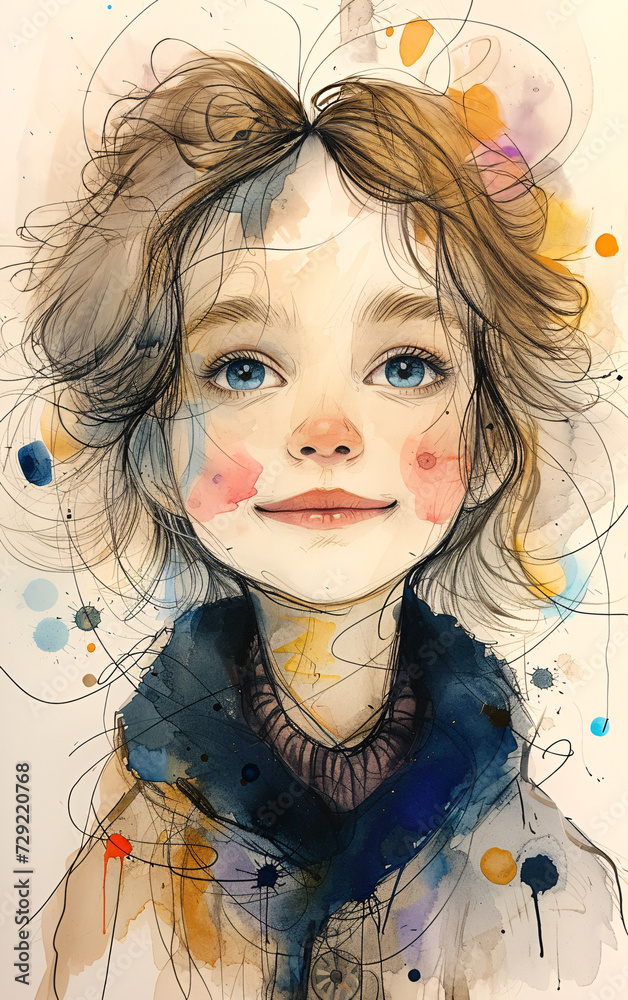 enchanting watercolor portrait capturing the joyous essence of a smiling girl with delicate brushstrokes and vibrant hues