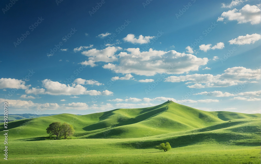Idyllic Rolling Green Hills Under a Clear Blue Sky with Wispy Clouds. Tranquil Nature Landscape Concept Idyllic Rolling Green Hills Under a Clear Blue Sky with Wispy Clouds. Tranquil Nature Landscape Concept
